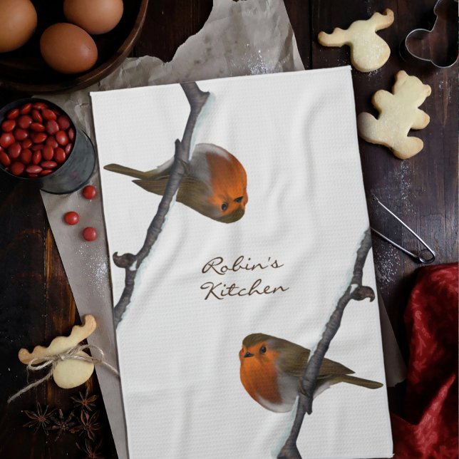 Robin Bird on Branch Personalised Kitchen Towel (Creator Uploaded)