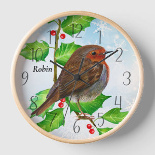 Robin Bird on Holly Watercolor Clock