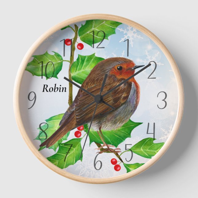 Robin Bird on Holly Watercolor Clock (Front)