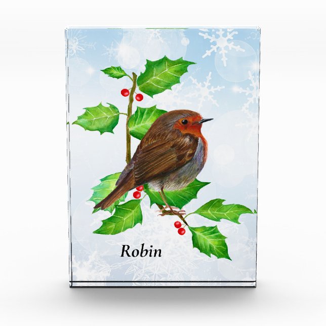 Robin Bird on Holly Watercolor Painting Photo Block (Front)