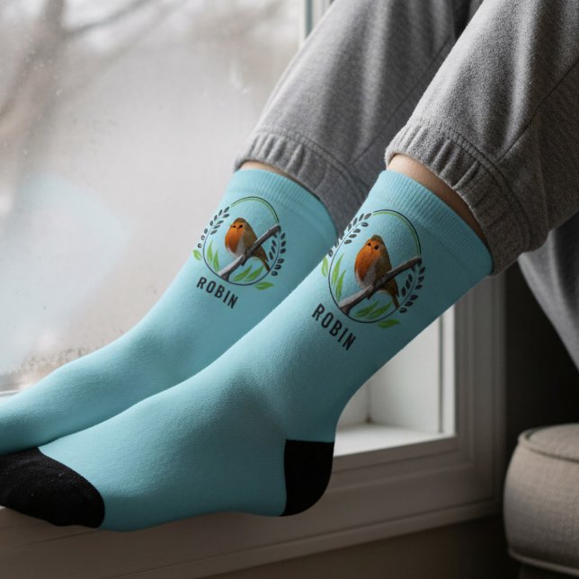 Robin Bird on Winter Branch Blue Christmas Socks (Robin bird socks. Perfect for chilly days and cozy evenings.)