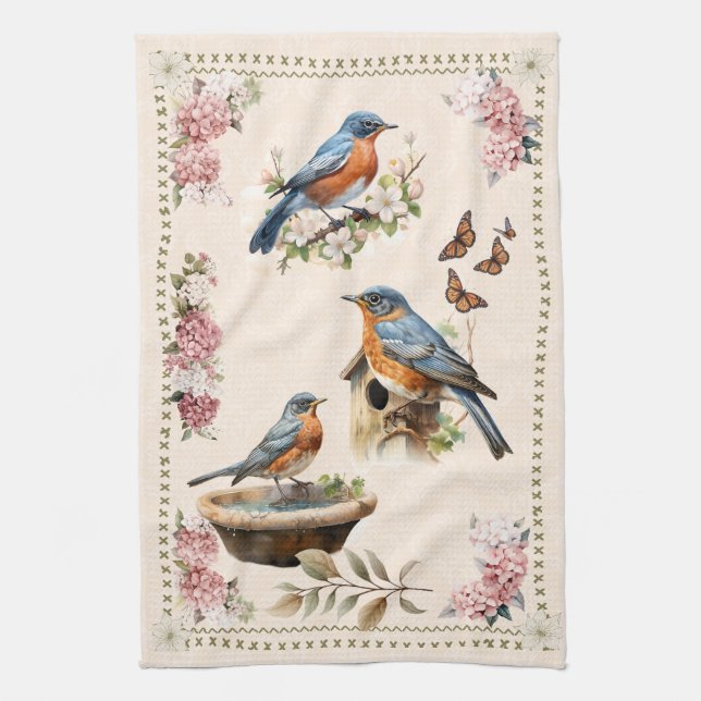 Robin Bird Peach Damask Tea Towel (Vertical)