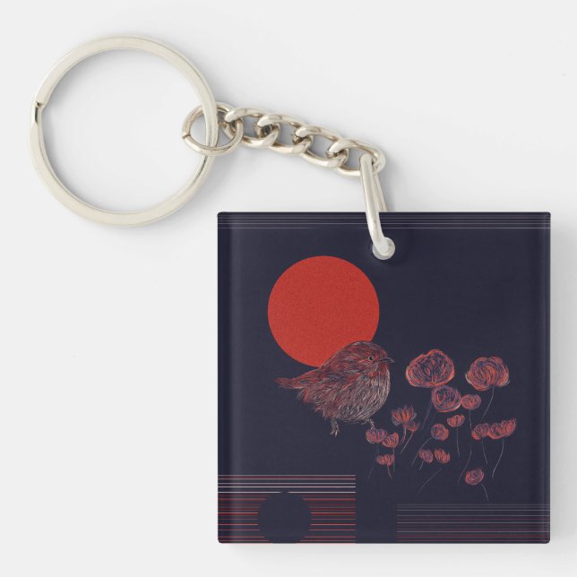 Robin Bird Red Sun Illustration Key Ring (Front)