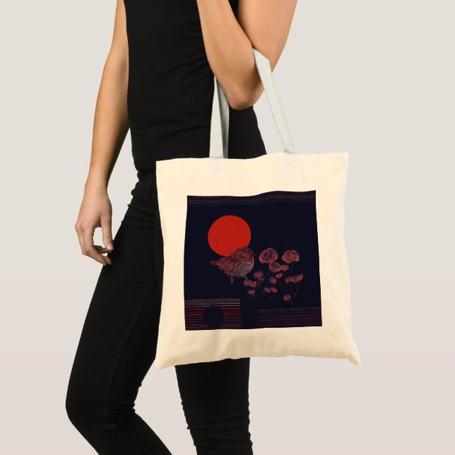 Robin Bird Red Sun Illustration Tote Bag (Front (Product))