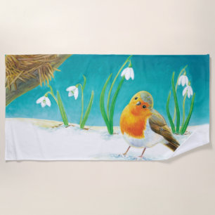 Robin Bird, snow & snowdrops Illustration Canvas P Beach Towel