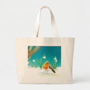 Robin Bird, snow & snowdrops Illustration Large Tote Bag