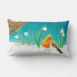 Robin Bird, snow & snowdrops Illustration Lumbar Cushion
