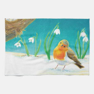 Robin Bird, snow & snowdrops Illustration Tea Towel