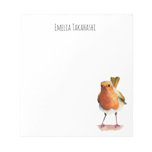 Robin Bird Watercolor Painting with Name Notepad (Front)