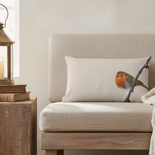 Robin Bird Winter Branch Natural Lumbar Pillow