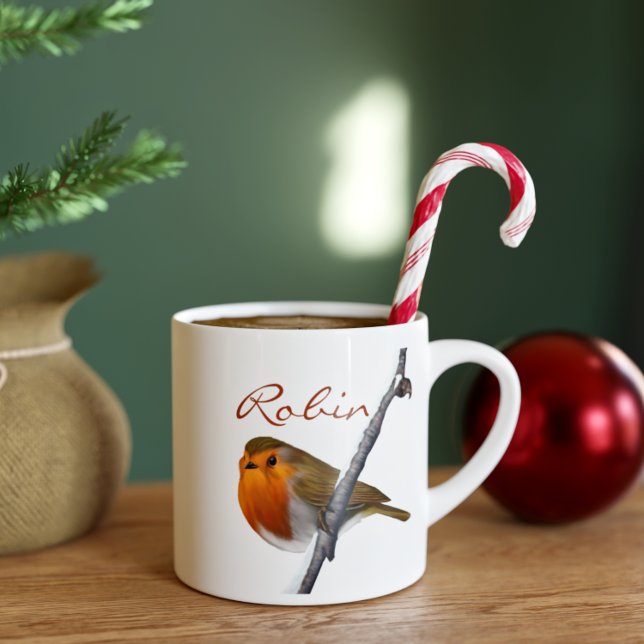 Robin Bird Winter Branch Personalised Christmas Espresso Cup