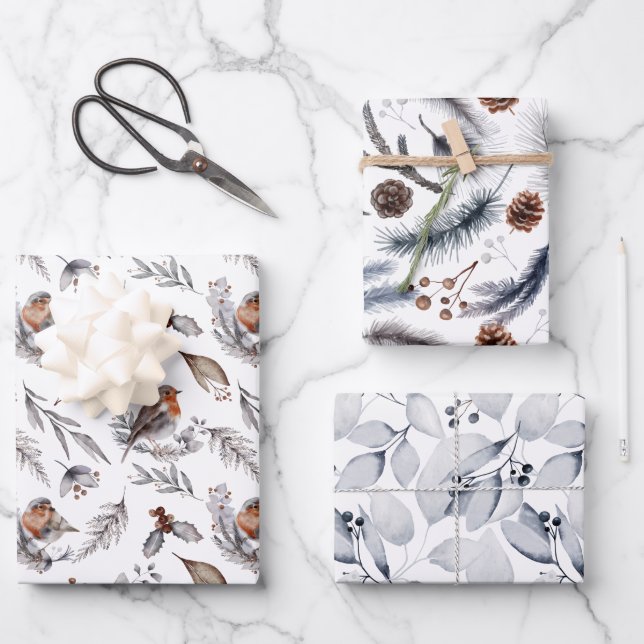 Robin Bird Winter Forest Greenery Christmas Wrapping Paper Sheet (Front)