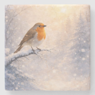Robin Bird Winter Morning Watercolor Stone Coaster