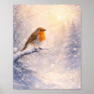 Robin Bird Winter Morning Watercolor Wall Art