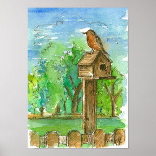Robin Birdhouse Country Watercolor Landcape Poster