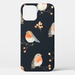 Robin birds and berries rowan on dry branches, sea iPhone 12 case