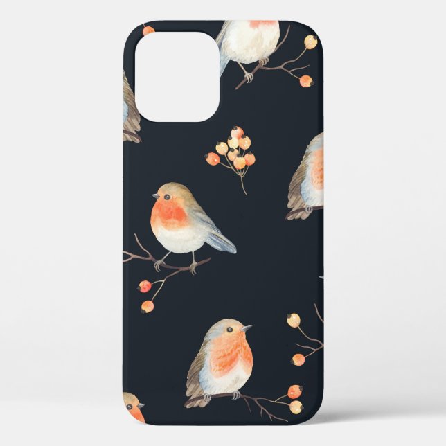 Robin birds and berries rowan on dry branches, sea Case-Mate iPhone case (Back)