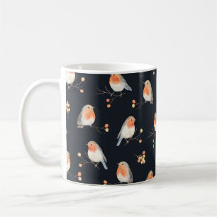 Robin birds and berries rowan on dry branches, sea coffee mug