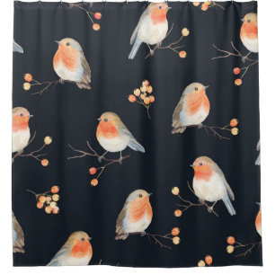 Robin birds and berries rowan on dry branches, sea shower curtain