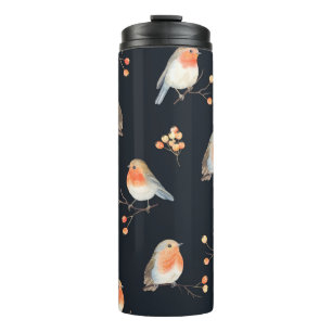 Robin birds and berries rowan on dry branches, sea thermal tumbler