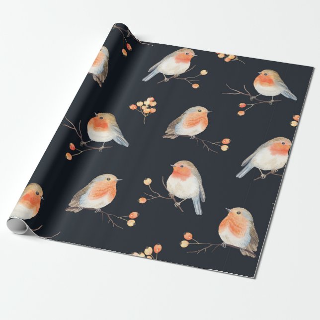 Robin birds and berries rowan on dry branches, sea wrapping paper (Unrolled)