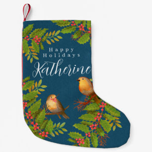 Robin Birds Holly Berry Dark Teal Small Christmas Stocking
