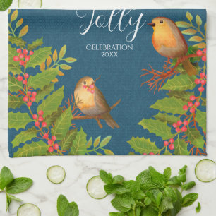 Robin Birds Holly Berry Dark Teal Tea Towel