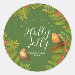 Robin Birds Holly Berry Green Classic Round Sticker