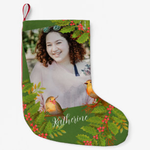Robin Birds Holly Berry Green Small Christmas Stocking