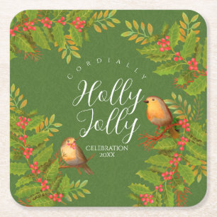 Robin Birds Holly Berry Green Square Paper Coaster