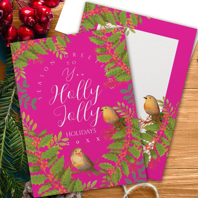 Robin Birds Holly Berry Hot Pink Holiday Card (Robin Birds Holly Berry Design.)