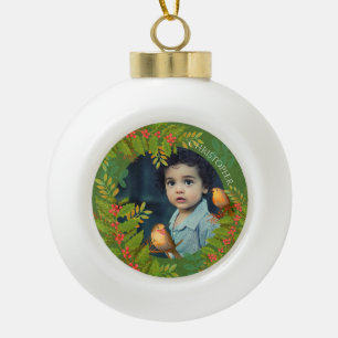 Robin Birds Holly Berry Photo Green Ceramic Ball Christmas Ornament