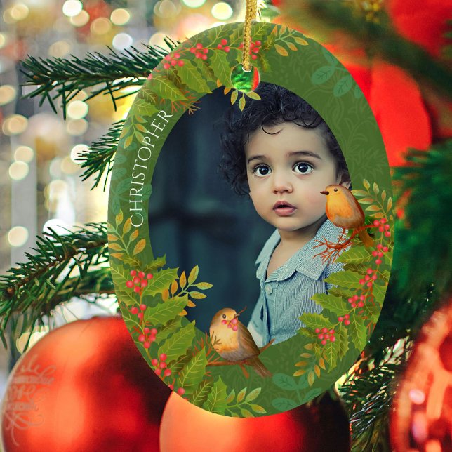 Robin Birds Holly Berry Photo Green Ceramic Ornament (Robin Birds Holly Berry Photo Design Ornament.)