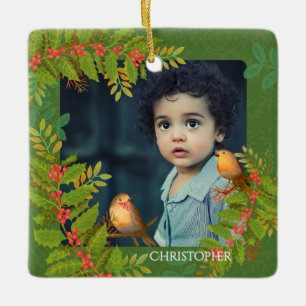 Robin Birds Holly Berry Photo Green Ceramic Ornament
