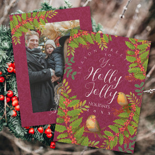 Robin Birds Holly Berry Photo Wine Holiday Card
