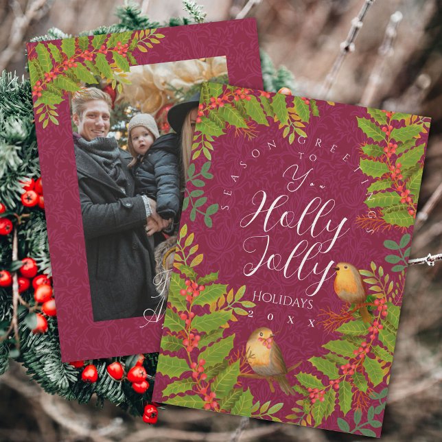 Robin Birds Holly Berry Photo Wine Holiday Card (Robin Birds Holly Berry Photo Design.)