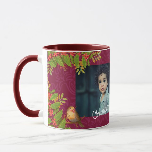 Robin Birds Holly Berry Photo Wine Mug (Left)
