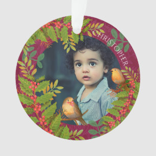 Robin Birds Holly Berry Photo Wine Ornament