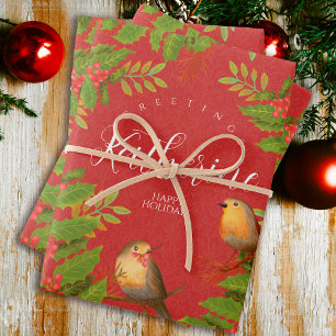 Robin Birds Holly Berry Red Wrapping Paper Sheet