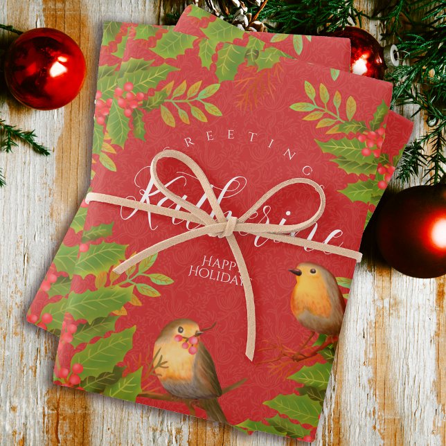 Robin Birds Holly Berry Red Wrapping Paper Sheet (Robin Birds Holly Berry Design.)