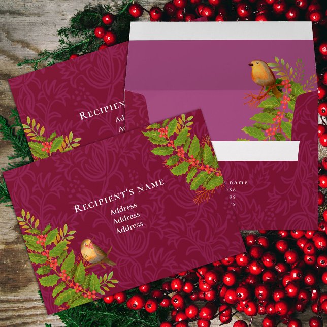 Robin Birds Holly Berry Wine Envelope (Robin Birds Holly Berry Design.)