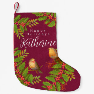 Robin Birds Holly Berry Wine Small Christmas Stocking