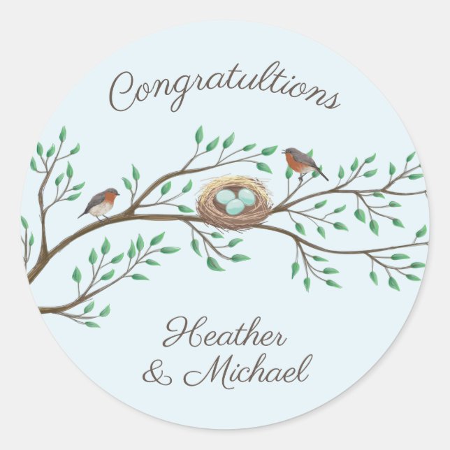 Robin Birds Nest Eggs Spring Baby Shower Classic Round Sticker (Front)