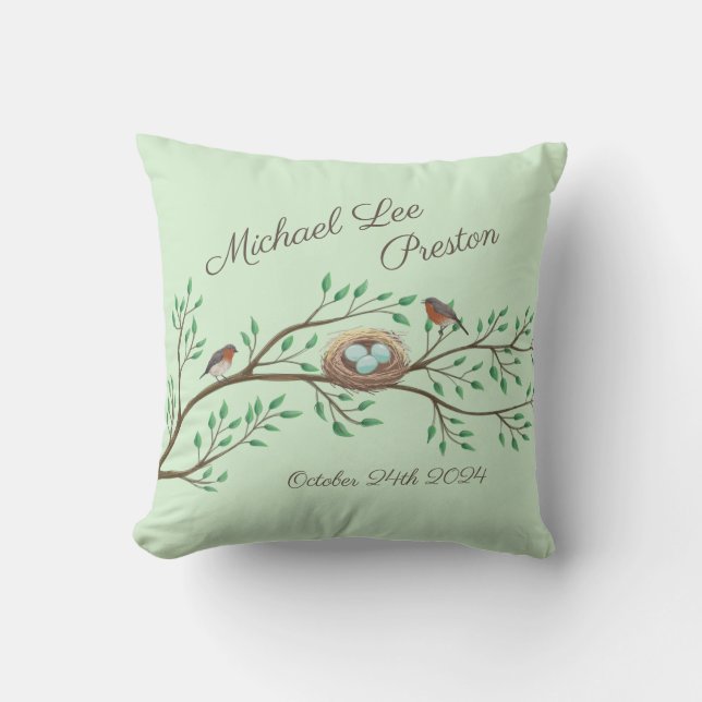 Robin Birds Nest Eggs Spring Baby Shower Cushion (Front)