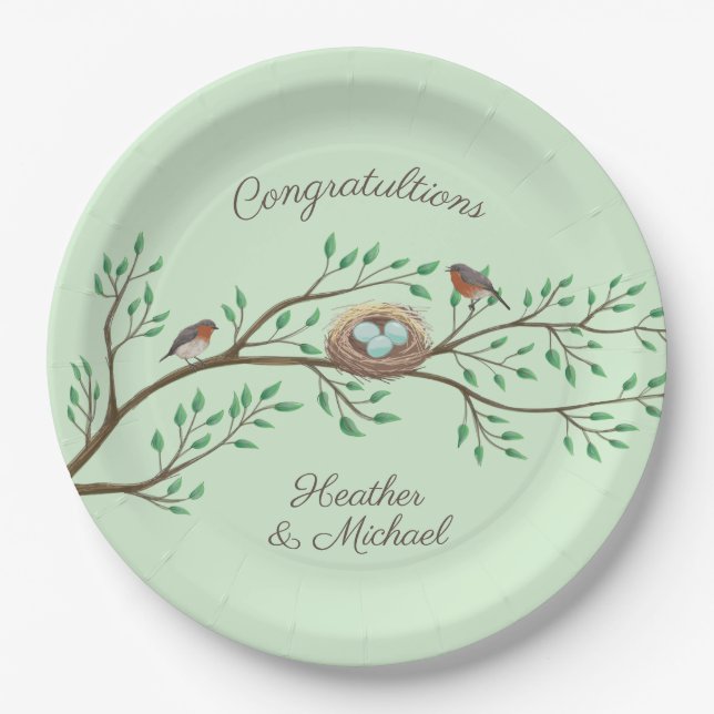 Robin Birds Nest Eggs Spring Baby Shower Paper Plate (Front)