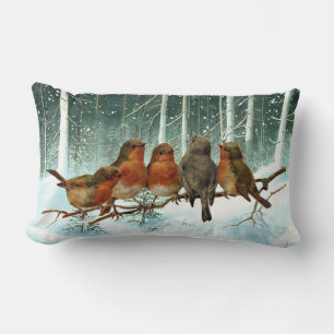 Robin Birds on Branch Snow Forest Winter Christmas Lumbar Cushion