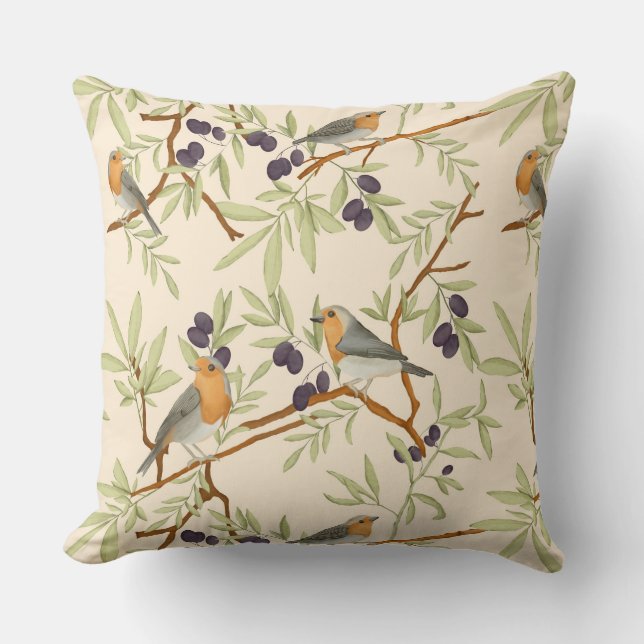 Robin birds on olive branch cushion (Front)