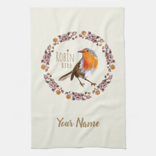 Robin Botanical vintage Flowers for bird lover Tea Towel