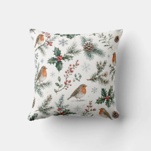 Robin Christmas Winter Holly Pine Cone Botanical Cushion