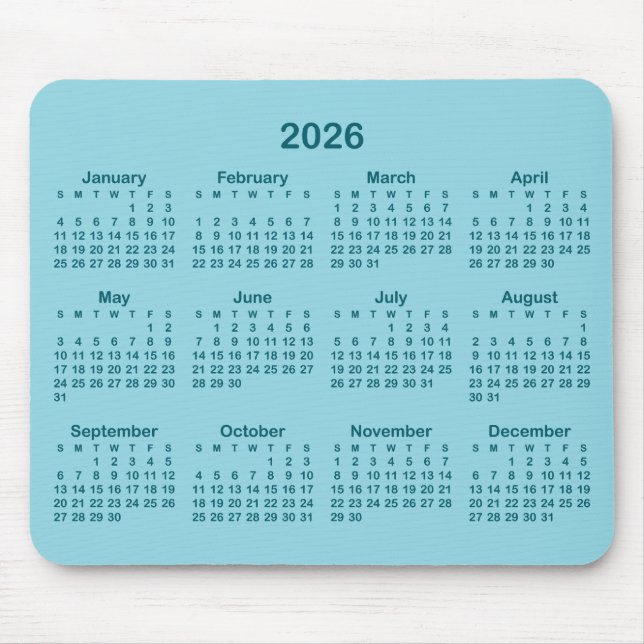 Robin Egg Blue and Dark Teal 2026 Calendar Mouse Pad (Front)